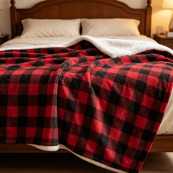 ROSEKIND Red Black Buffalo Plaid Reversible Flannel Sherpa Throw Blanket|50x60inch