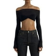 thumbnail image 2 of Douhoow Women Off Shoulder Crop Tops Long Sleeve Slim Fit Top Ruched Bust Tee, 2 of 9