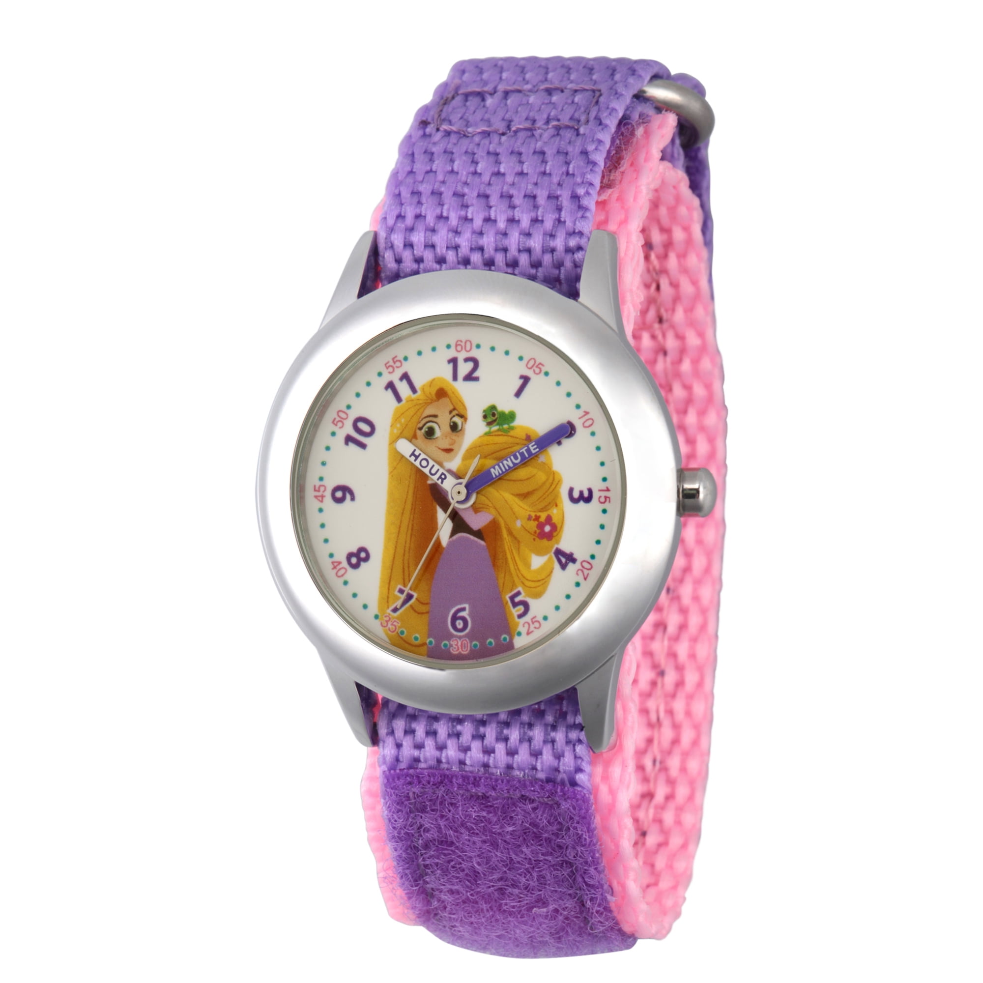 Princess Rapunzel Pascal Girls'Stainless Steel Time Teacher Watch, Purple Hook and Loop Nylon Strap with Pink Backing