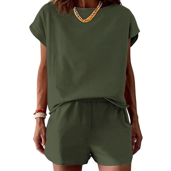 Two Piece Sets for Women Summer Crew Neck Lounge Short Sets Cap Sleeve Sweatsuit with Pocket Dark Green XXL
