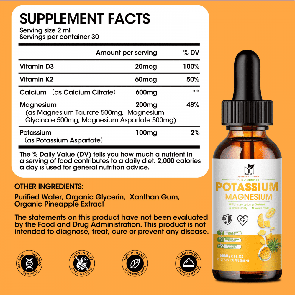 (2 Pack)Potassium Magnesium Supplement Liquid,Magnesium Liquid Drop with Magnesium Citrate,Calcium,Potassium,Vitamin D3, K2 - Magnesium Taurate Supplement for Bone,Heart,Energy,Muscle Support,4 OZ
