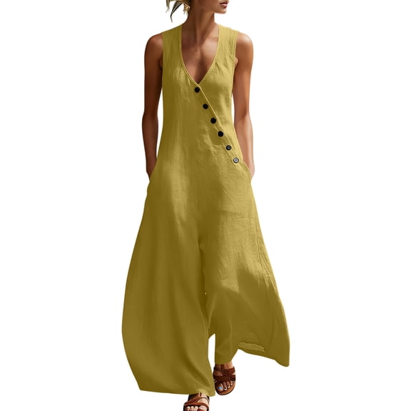 SBYOJLPB Women's Summer Jumpsuit Solid Color Linen Casual V-Neck Overall with Pockets