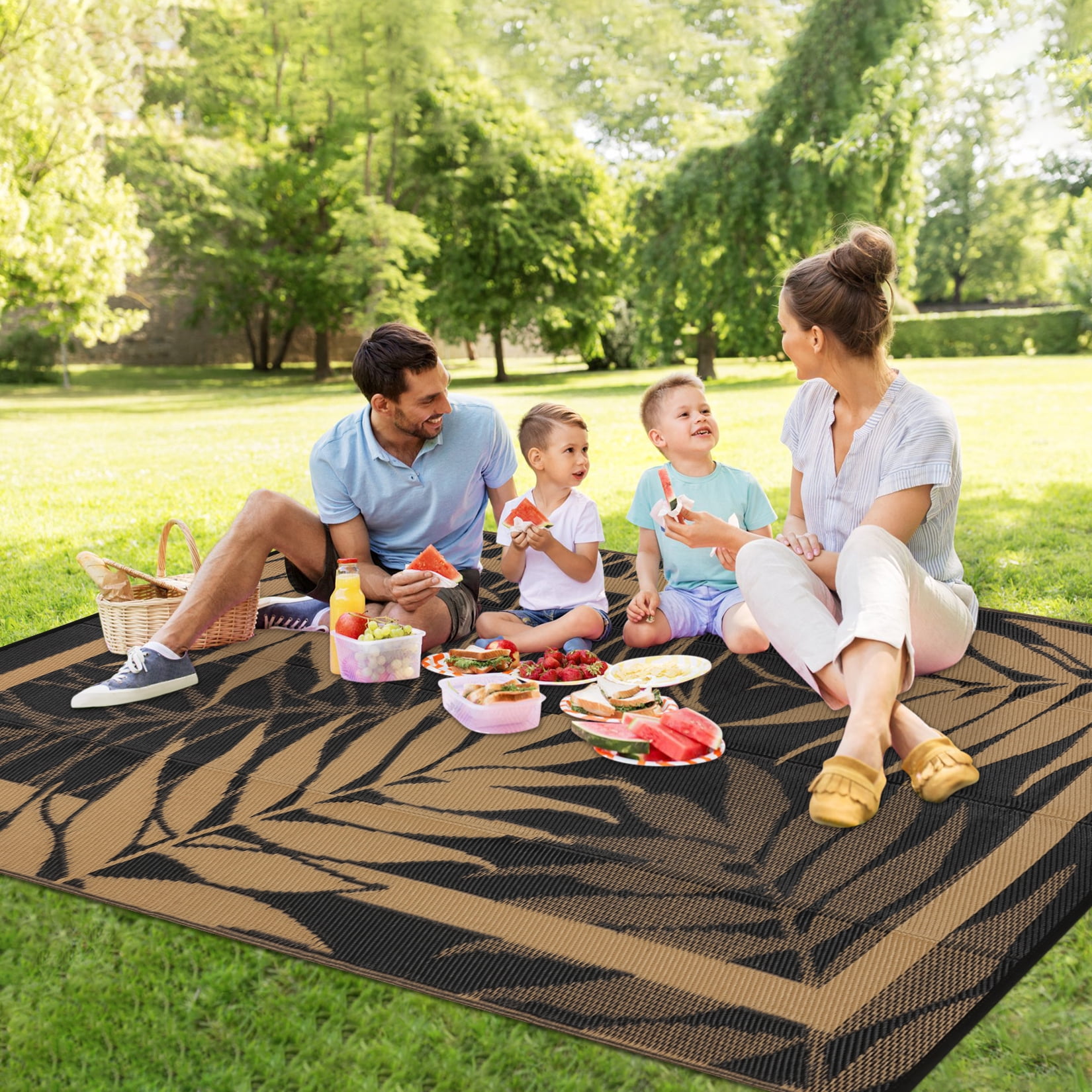 Outdoor Waterproof Reversible Rug – Modern Black Brown Plastic Patio Carpet, UV Resistant, Easy Clean, Non-Slip, Portable – For Garden, Backyard, Deck, Camping – 8x10ft