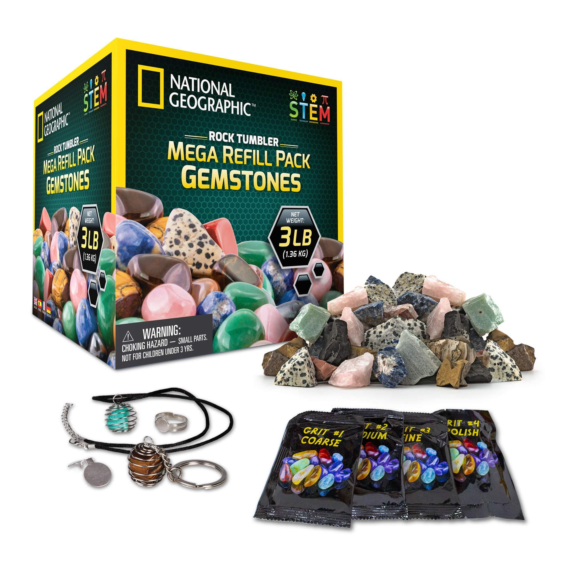 NATIONAL GEOGRAPHIC Rock Tumbler Refill Kit - 3lbs Gemstones of 9 Varieties Including Eye, Amethyst &amp; Quartz - 4 Grades Grit, Jewelry Fastenings &amp; Detailed Learning - Walmart.com
