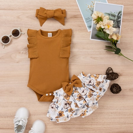 

TOWED22 Toddler Summer Outfits For Girls Toddler Baby Girls 3Pcs Sleeveless Floral Top Dress T-Shirt Denim Shorts Jeans Headband Summer Clothes Set Brown