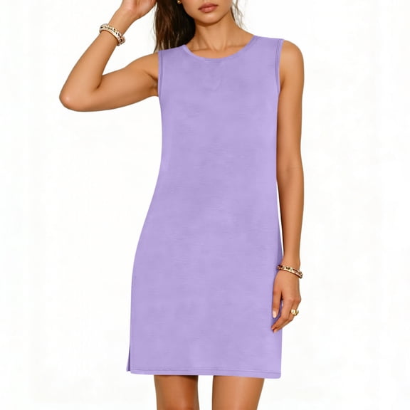 Admvng Women's Mini Dress Round Neck Sleeveless Dress Casual Stretchy Summer Dress