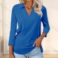 thumbnail image 4 of Cuekondy Blue Womens Blouses Women's 3/4 Sleeve T Shirts Summer V Neck Shirts Collared Casual Basic Tees Blouse Summer Tops Size L, 4 of 4