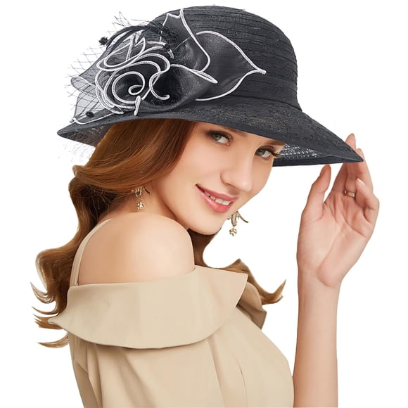 RZTA Sombrero de vestir de iglesia Kentucky Derby para mujer, ala ancha, flor de hoja, sombrero de despedida de soltera