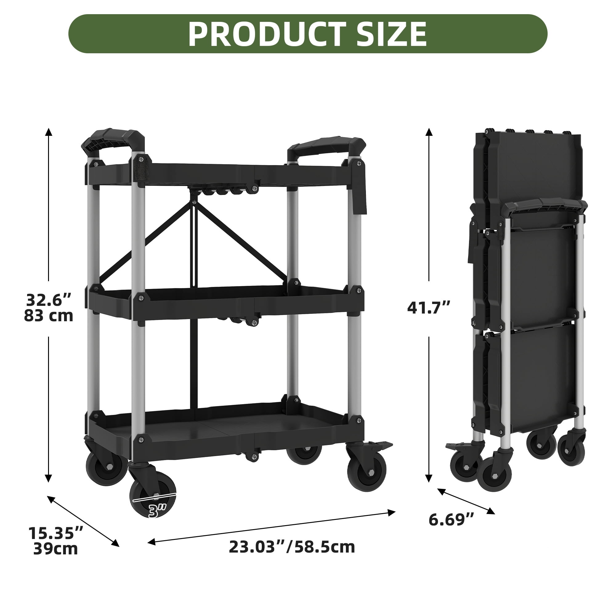 Uforic 3-Tier Heavy Duty Folding Service Cart, 240Lbs Capacity, Black Plastic with Aluminum Tubes, 58.5×39×83CM