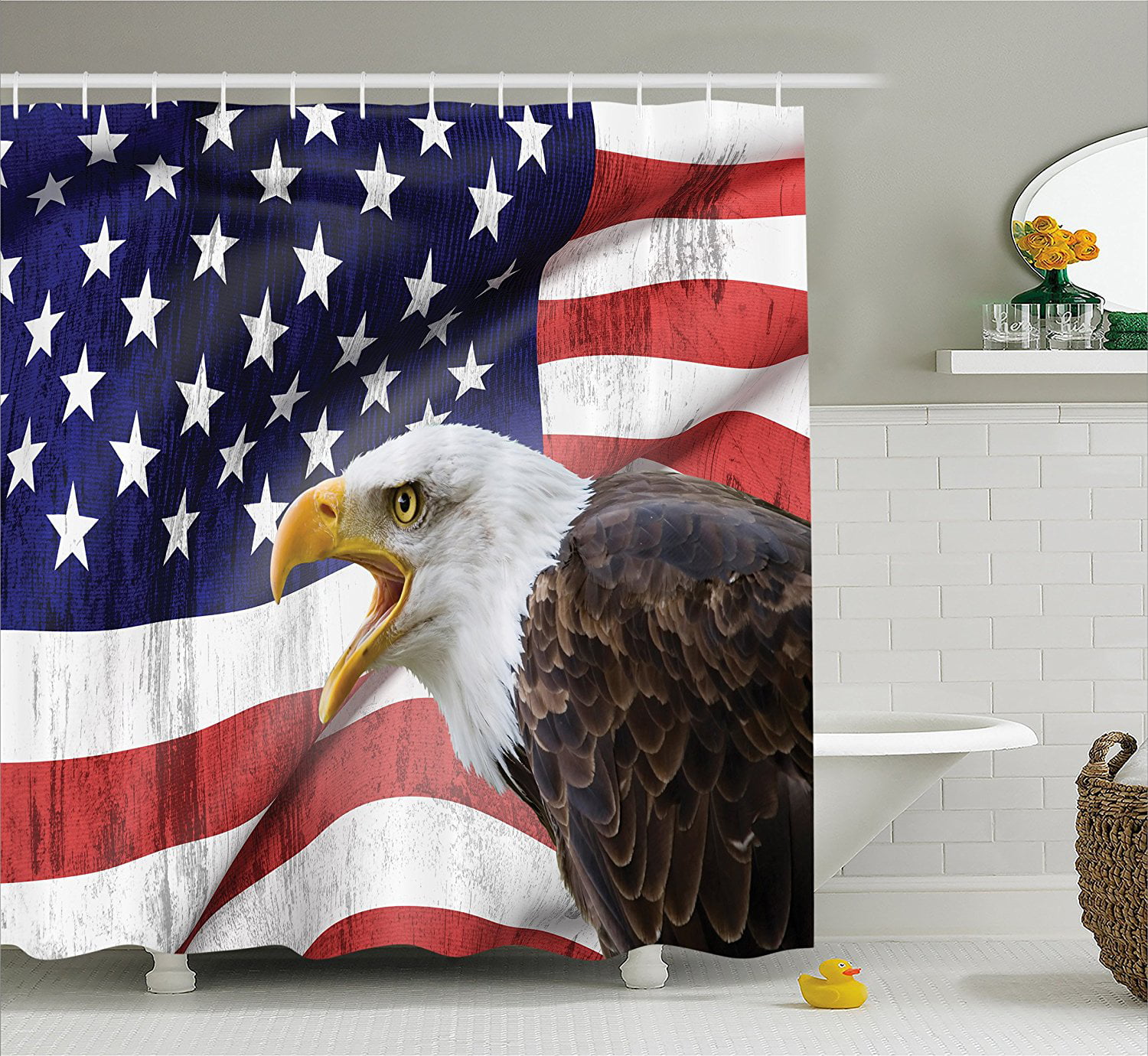 72x72'' Bathroom Waterproof Shower Curtain American Bald Eagle on Grunge Flag 