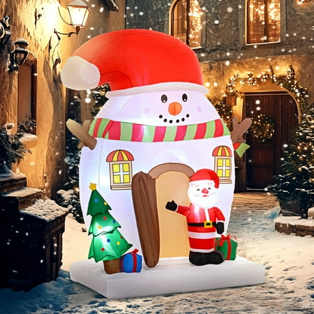 Outsunny 7.5Ft Christmas Inflatable Snowman House With Santa Claus And Xmas Tree, Blow Up Christmas Decorations With Led Lights For Indoor, Outdoor