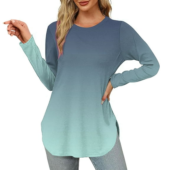 QUNYINEY Casual Shirts for Women Long Sleeve Gradient Crew Neck Green Tops Loose Pullover Drop Shoulder T-Shirts
