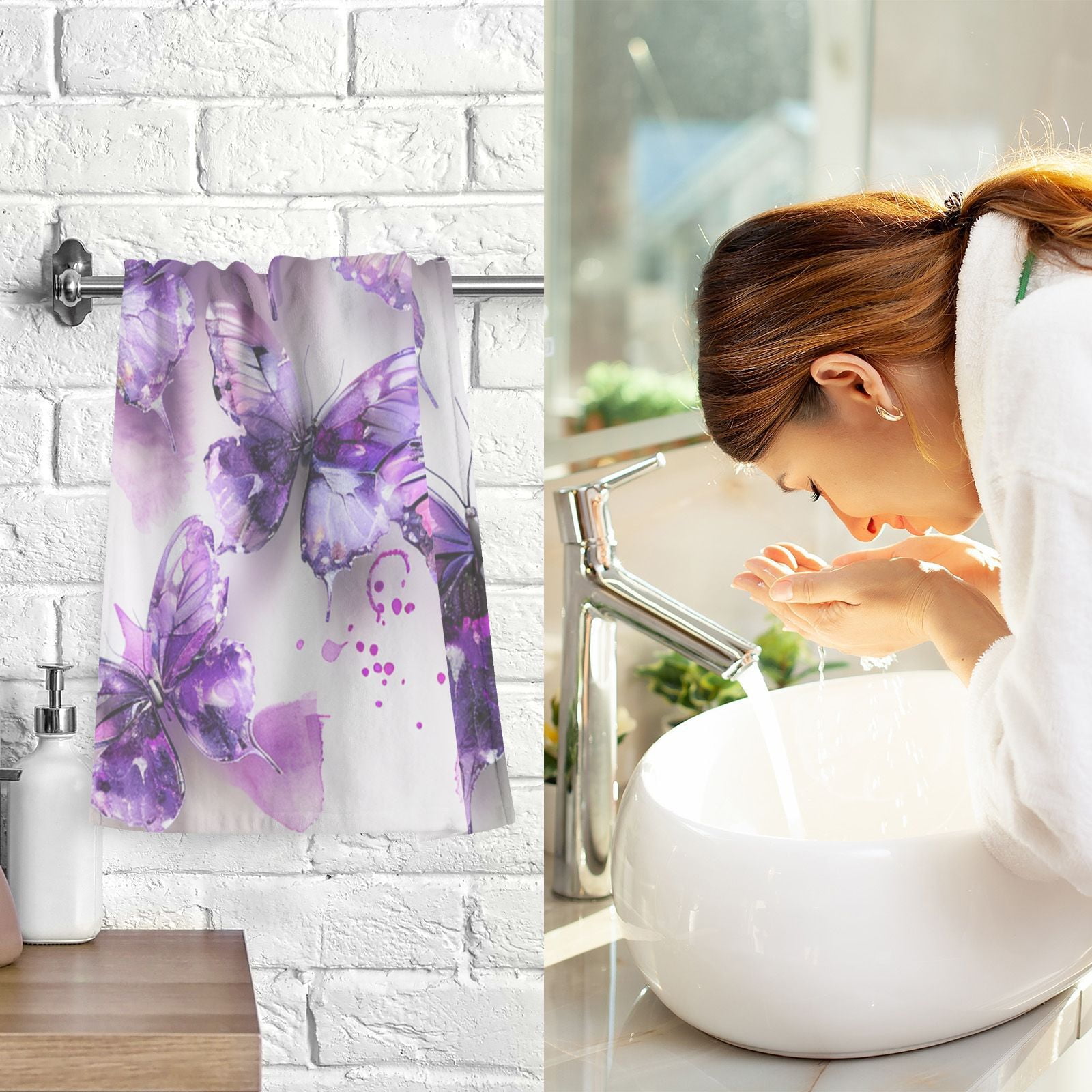 Purple Butterflies Watercolor Hand Towel Bath Towels Face Towels Cotton Absorbent for Home Hotel Spa Swimming Yoga Sports Decorative Towel Set of 2