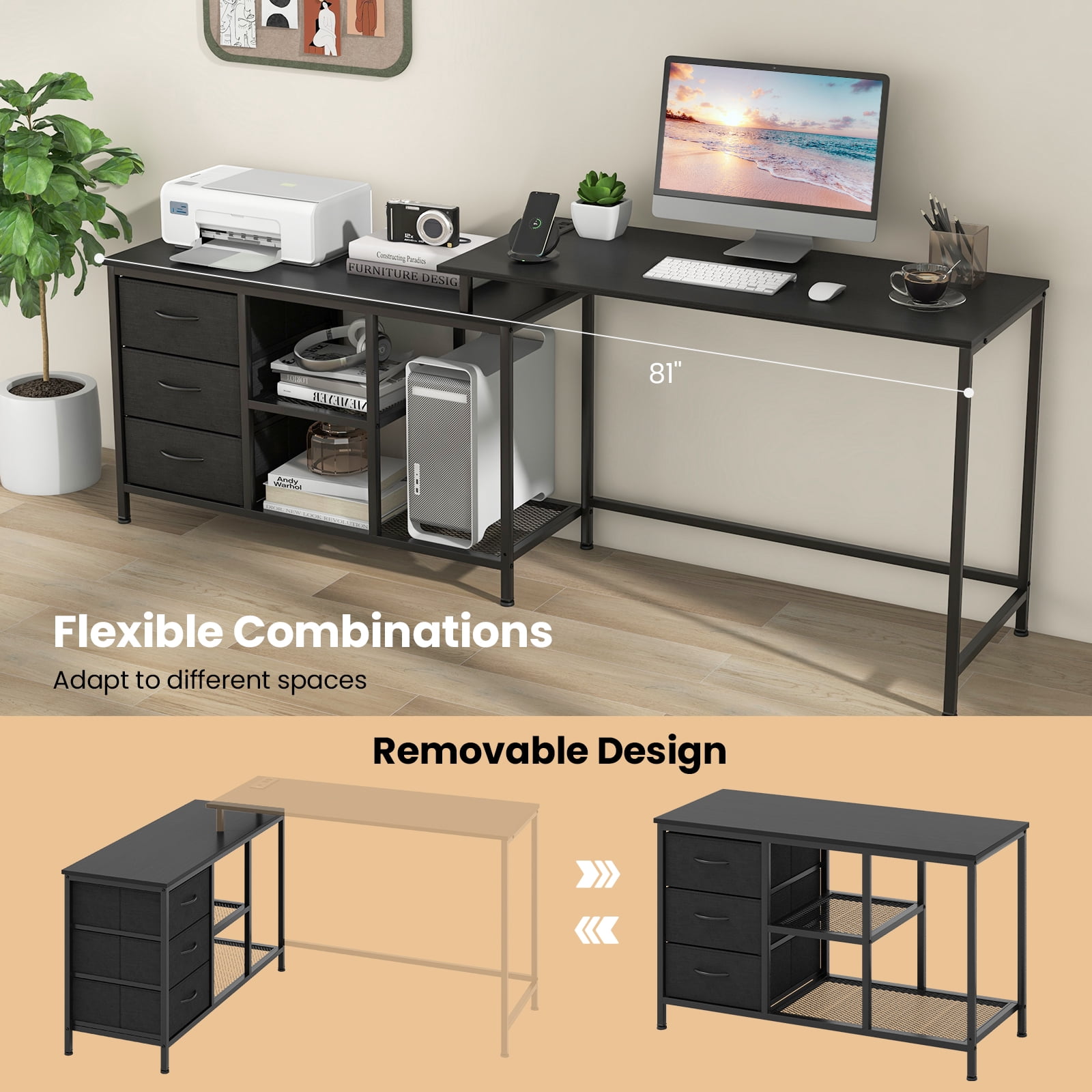 Topbuy L-Shaped Computer Desk with Drawers & Shelves 81” Convertible Home Office Desk with Charging Station Black