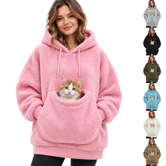 Stralyhd Pet Pouch Hoodie for Women Cozy Soft Sweatshirts Fleece Warm Kangaroo Pouch Hoodie Long Sleeve Small Animal Carrier Pullover with Pet Pocket Light Brown M