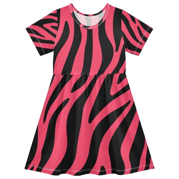 Pink Zebra Print Pattern Girls Short Sleeve Dress A Line Sun Protection Breathable Comfort Sundress 2T