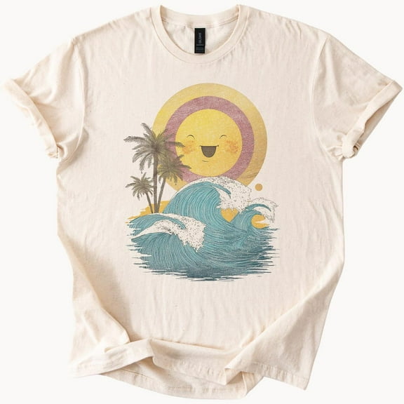 Kiraa Tee With Happy Sun Ocean Waves Palm Trees Graphic T-Shirt Summer Beach Vibes Tee Vacation Shirt Birthday Gifts; For Men & Women