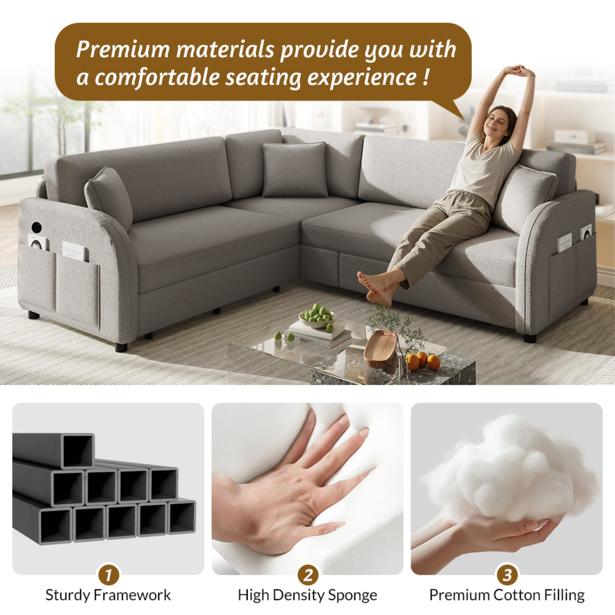 LLappuil Sectional Sofa, 85" Sectional Couch with Pull Out Sofa Bed King Size, 5 Seat Sofa Convertible Sofa Bed for Living Room Light Gray