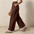 thumbnail image 7 of Women Straight Leg Pants with Lace Hem Trim, Elastic Drawstring Waist Casual Long Trousers with Pockets, Solid Loose Daily Pants for Vacation Brown L(L), 7 of 7