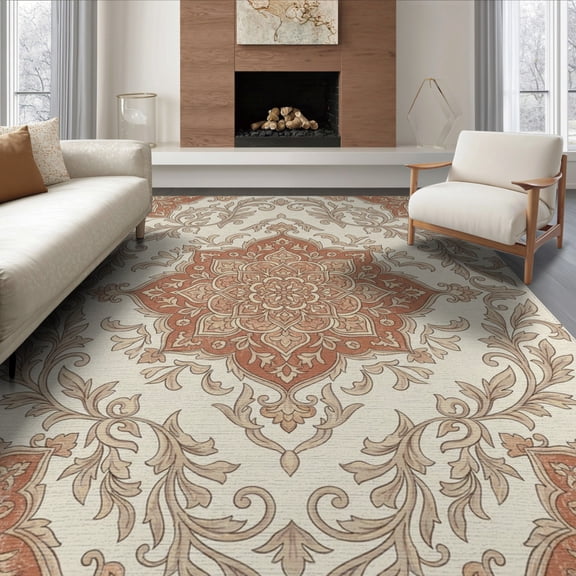 ODIKA 8'x10' Washable Area Rug Non-Shedding, Easy Care, Vintage Inspired Muted Decorative Border Print Distressed for King Size Bedroom Under Bed, Master Suite