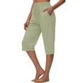 thumbnail image 4 of Zynoxe Womens Capri Pants Summer Solid Color Elastic Waist Drawstring Peasant Gauze Cropped Pants with Pockets Cotton Linen Straight Lounge Pants Green M, 4 of 5