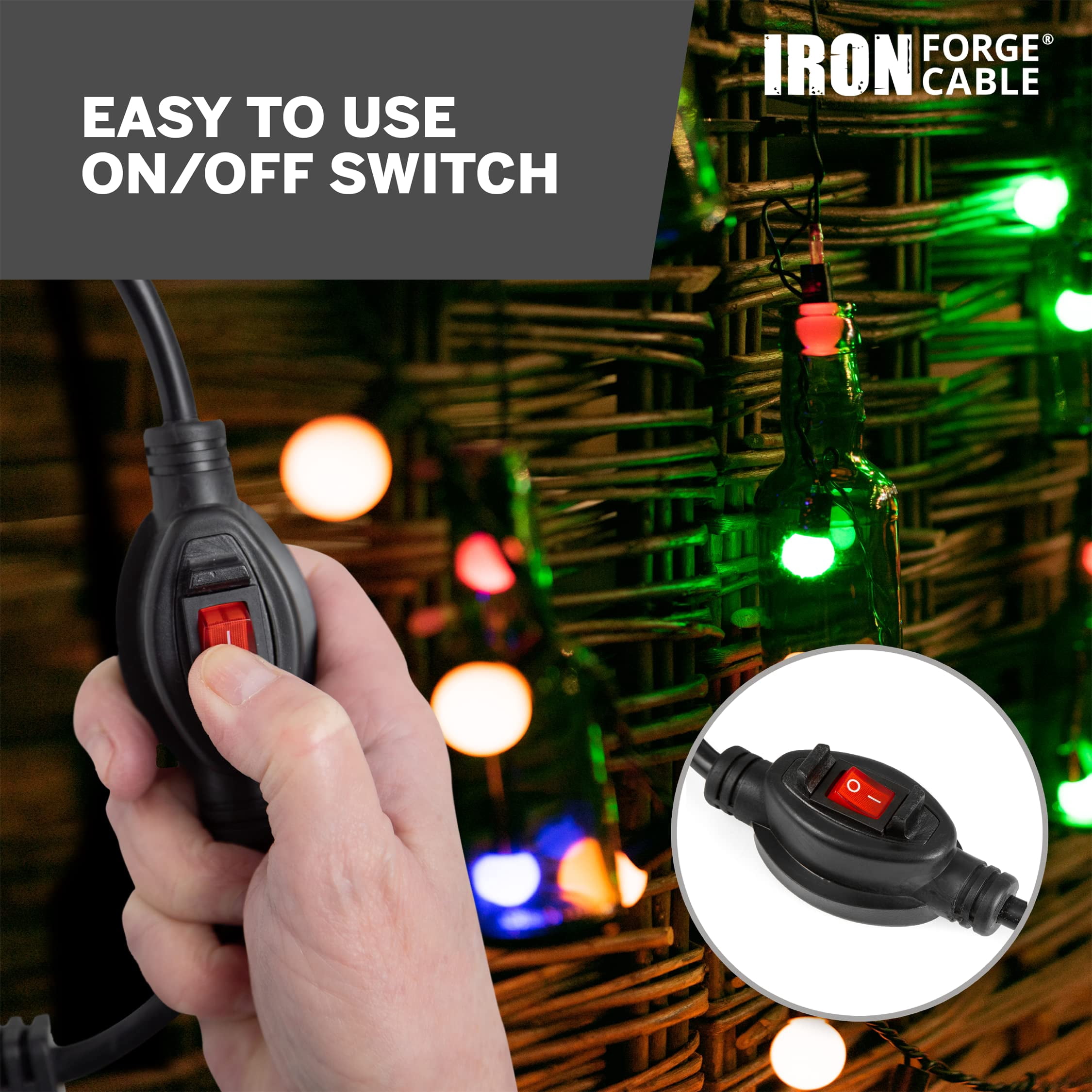 Iron Forge Cable 10 Ft 3 Outlets Black Extension Cord with Inline Switch On/Off, 16/3 SJTW 3 Prong with Hook for Hanging -10 AMP Cord - ETL Listed