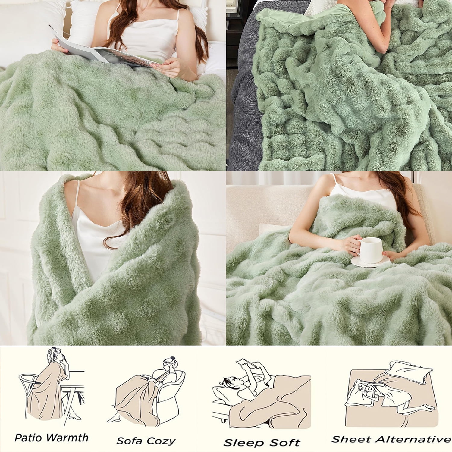 GHOUSE Fluffy Throw Blanket 60x80 Inches Soft Furry Faux Fur Throw Blanket 860GSM Green Blanket for Couch Bed