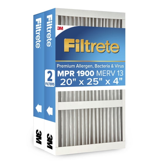 Filtrete 20x25x4 HVAC Furnace Air Filter, MPR 1900 MERV 13, Premium Allergen, Bacteria and Virus, 2 Filters