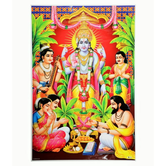 Bm Traders Satyanarayan Swami Golden Zari Art Work Poster Without Frame (24 X 36 Inches)