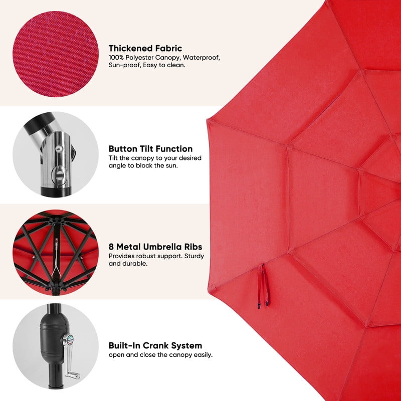 Gianna 10FT 3-Tier Solar Patio Umbrella with 32 LED Lights, Outdoor Umbrellas with Push Button Tilt and Crank,Red