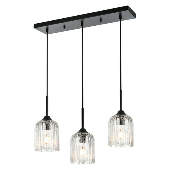 Melucee Modern Pendant Light Island Industrial Hanging Light Crackled Glass Shade 3-Light Matte Black Farmhouse Lighting for Kitchen Island Hallway Dining Room
