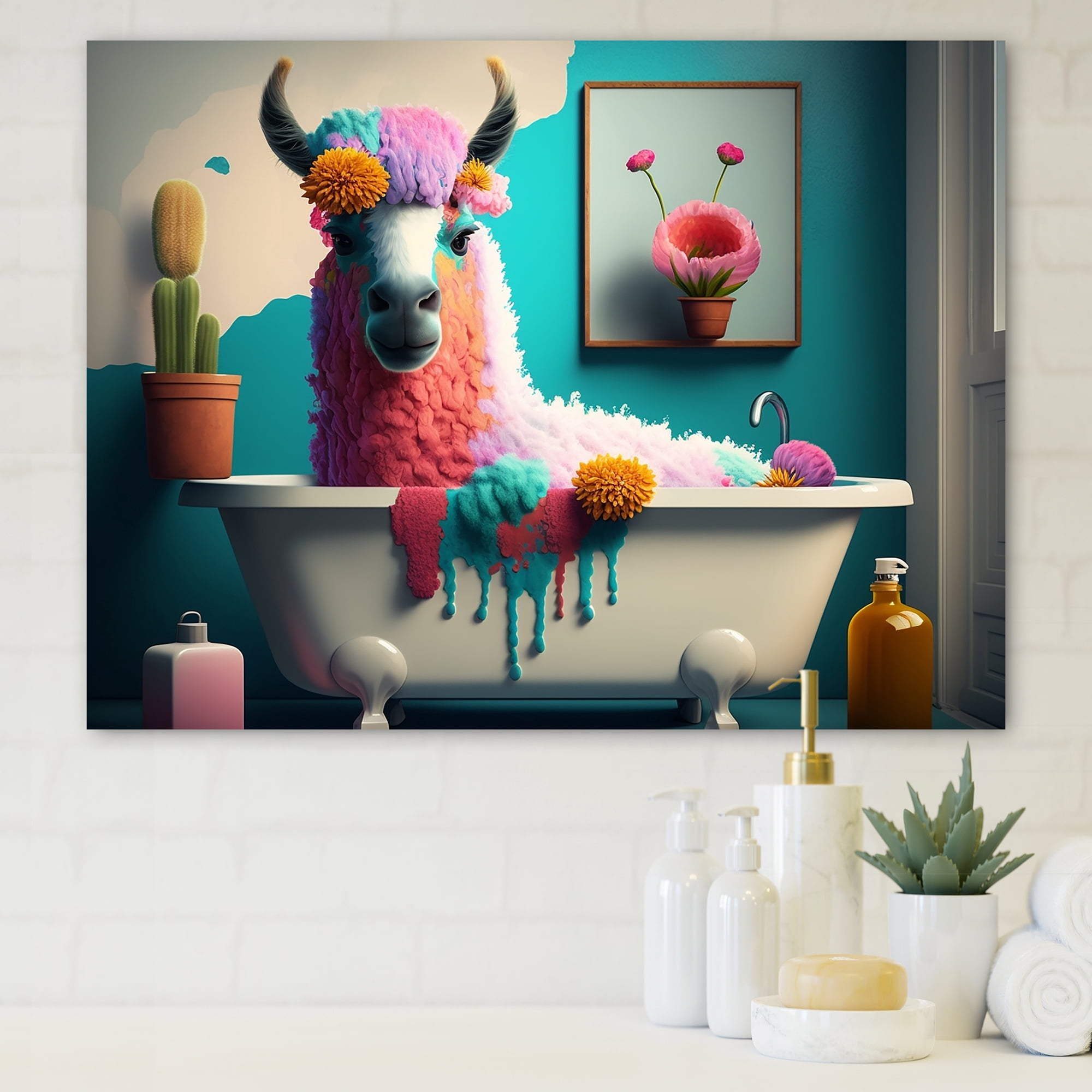 Designart Funny Llama In The Bath IV Canvas Wall Art