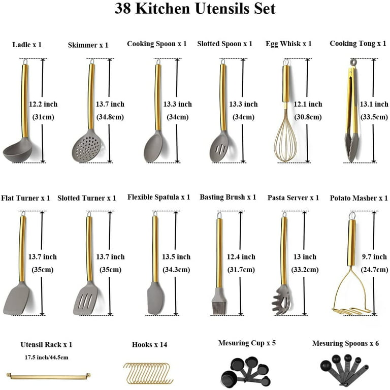 Gold Kitchen Utensils Set, Berglander 38 Pieces Non-Stick Silicone Cooking Utensils Set, Kitchen Tools Set, Spoon Spatula Set with Sturdy Stainless