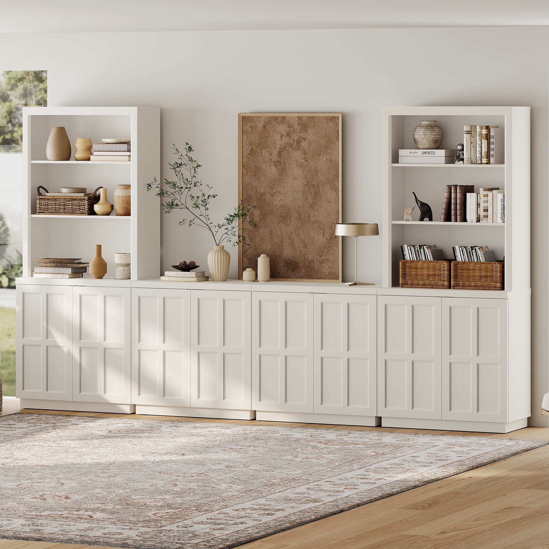 HOMOOI Integrated Bookcase,Boho Freestanding Bookshelf with Open Display Shelves, Adjustable Shelf & Handle-Free Rebound Door, Sturdy Rustic Wood Bookcase for Living Room,Home Office,White