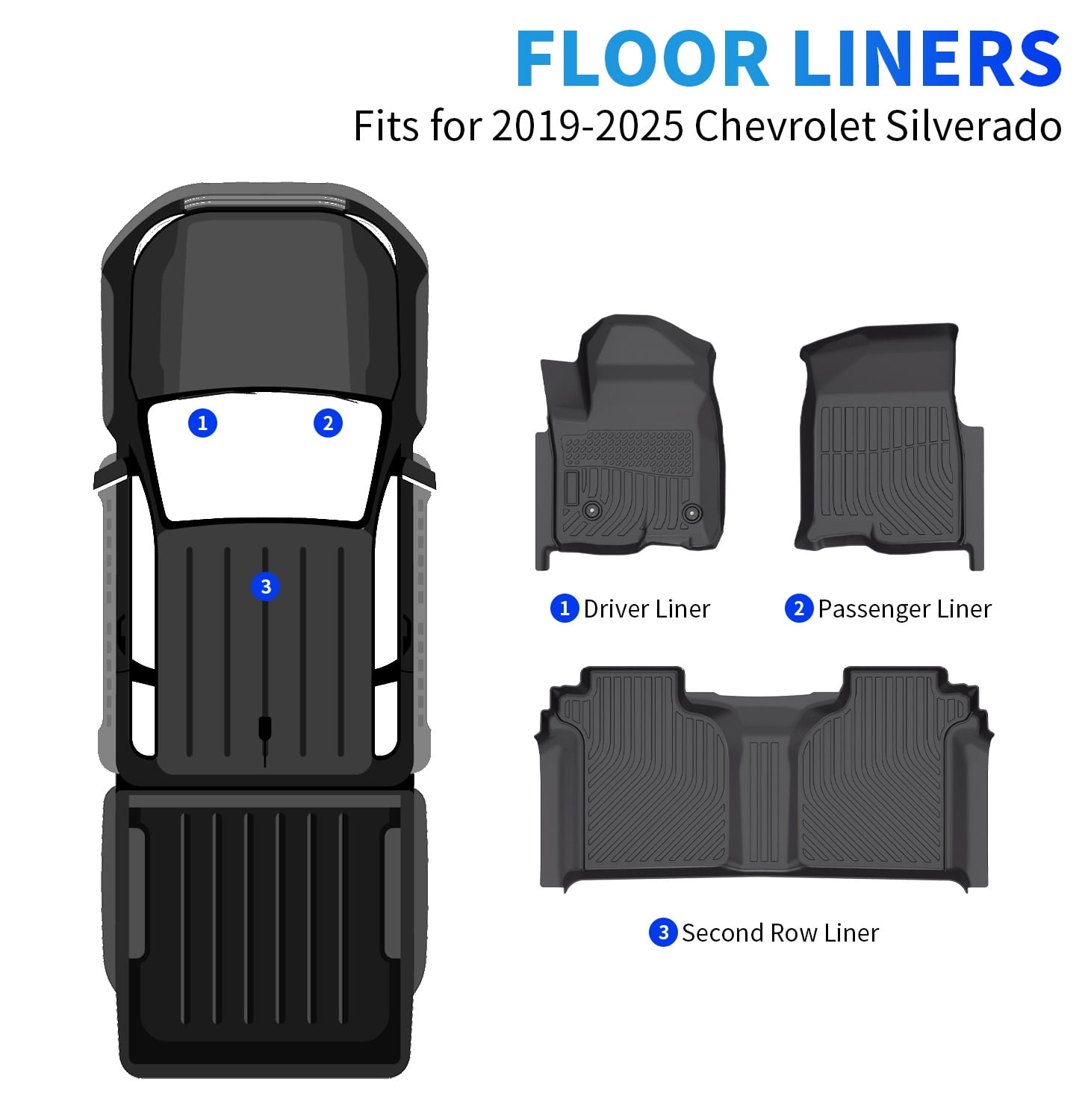 Floor Mats Fit for 2019-2024 2025 Chevy Silverado/GMC Sierra Denali 1500 & 2020-2024 2025 GMC Sierra 2500/3500 HD, TPE All Weather Mat Custom Fit 1st and 2nd Row Full Set Car Liners, Black