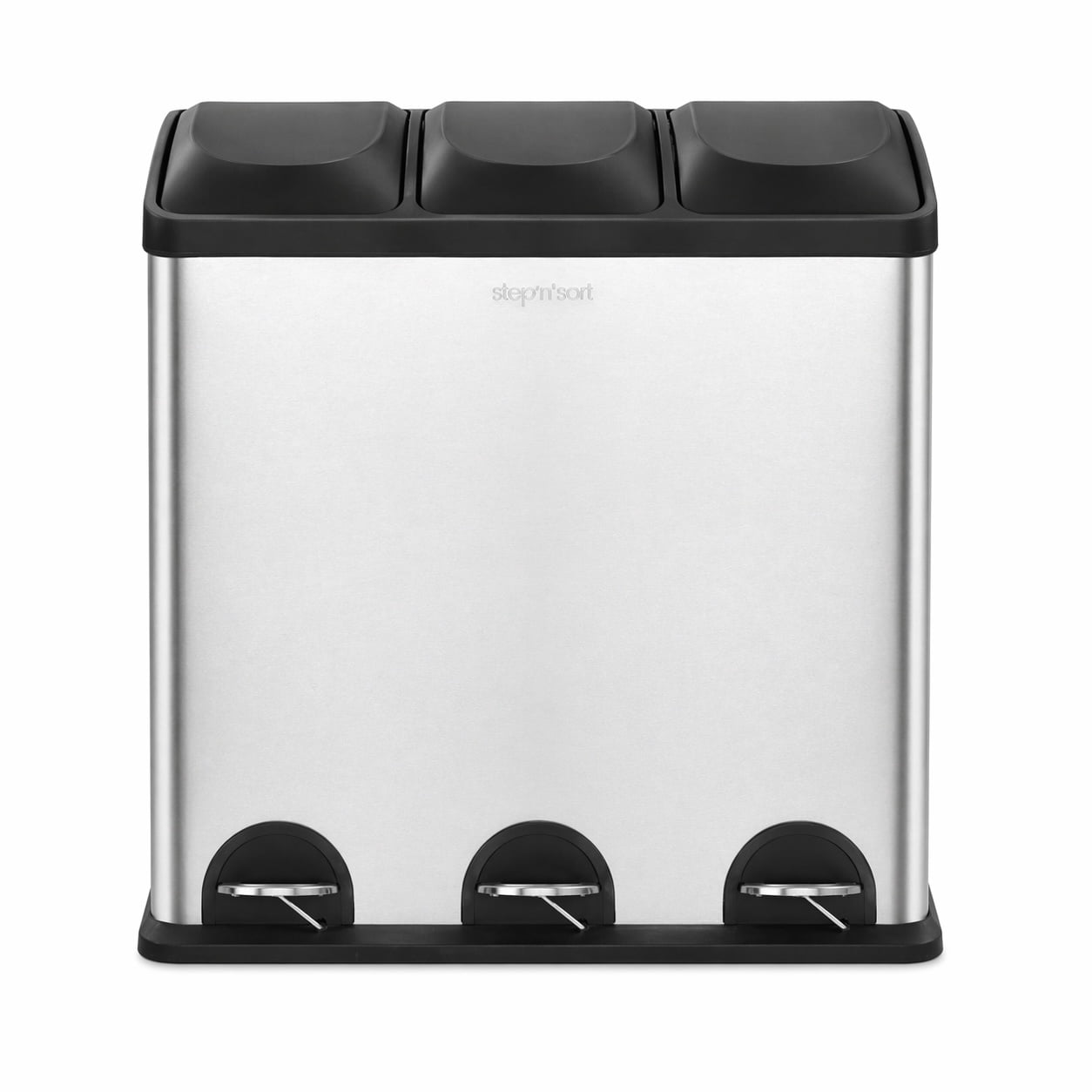 Step N’ Sort 60L 3-Compartment Trash & Recycling Bin – Triple Kitchen Waste System with Step Pedals, Stainless Steel Garbage, Recycling & Compost Sorter with Removable Bins
