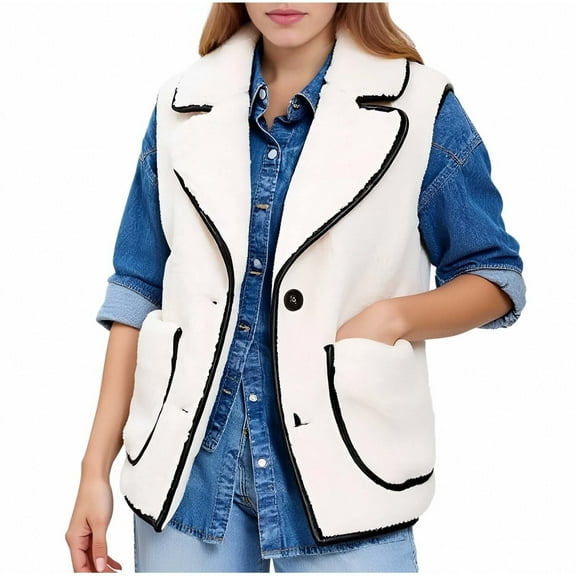 Trushirts Women's White Shearling-Like Polyester Vest - Warm, Lapel Collar, Black Piping, Size L - Spring/Fall Casual