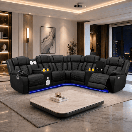 Gewnee 5-Seat Power Reclining Sofa with PU Upholstery, Bluetooth Speakers, Cup Holders & USB Ports for Living Room, Black