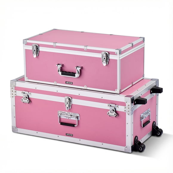 VEVOR Metal Storage Trunk, Set of 2, Wooden Suitcase Storage Boxes with Padlocks, Large Trunk Includes Casters and 3 Metal Handles, Decorative Store Chest with Lids