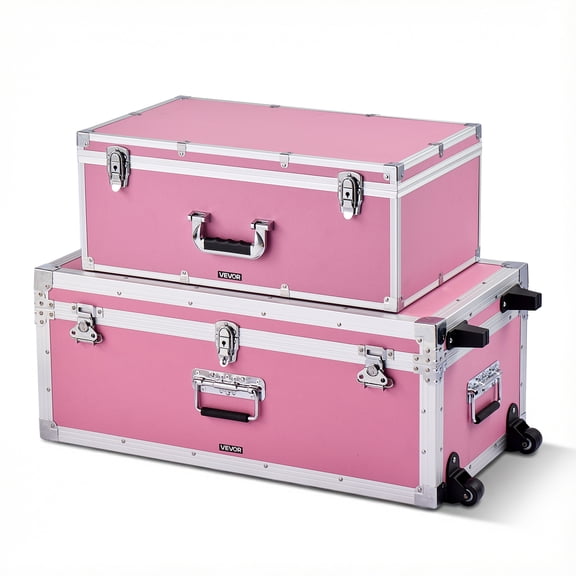 VEVOR Metal Storage Trunk, Set of 2, Wooden Suitcase Storage Boxes with Padlocks, Large Trunk Includes Casters and 3 Metal Handles, Decorative Store Chest with Lids for Travel, Apartment, Dorm, Pink