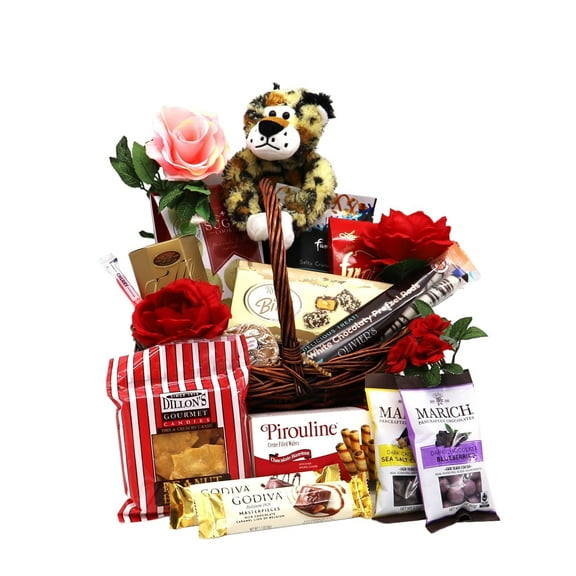 Gift Basket Village Wild About You Gift Basket – Includes Plush Animal, Gourmet Chocolates, Fudge, Cookies, and More – Perfect for Valentine's Day and Romantic Gifts