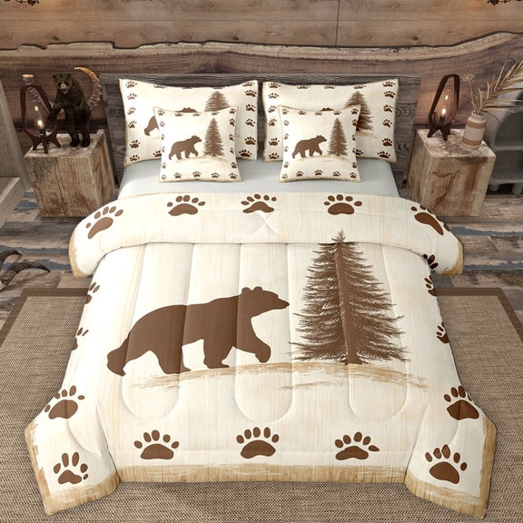 Manfei Jungle Wildlife 7-Piece Twin Bedding Sets,Cute Bear Paws Bedding Comforter Set,Beige Brown Sheet Sets For Men Women,Microfiber Bedroom Decor Reversible