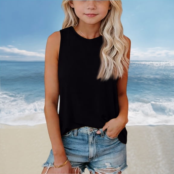 CCRFTGI Tank Tops for Girls Size 7-8 Sleeveless Summer Casual Girls Clothes Cami Tanks Comdy Spaghetti Strap Crew Neck Tops Shirts Black 11-12 Years
