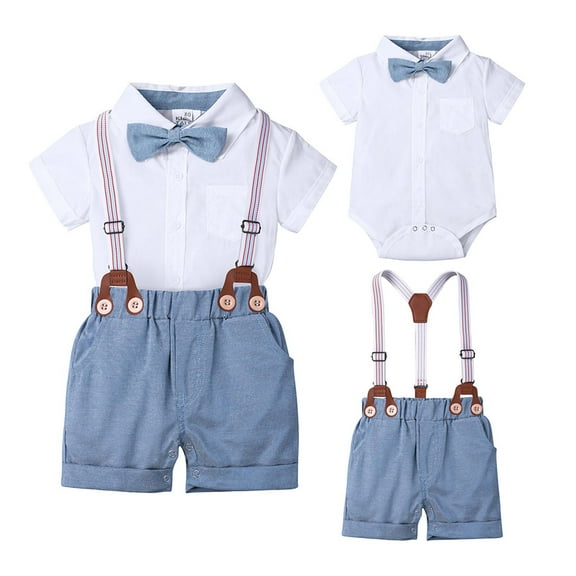 lkfuzj Toddler Baby Boy Outfits Boys Suit Cotton Cotton Solid Short Sleeve Shirts Bowtie Suspender Shorts Gentleman Clothes 2024 Summer New Toddler Baby Formal Clothes (6-24 months) White