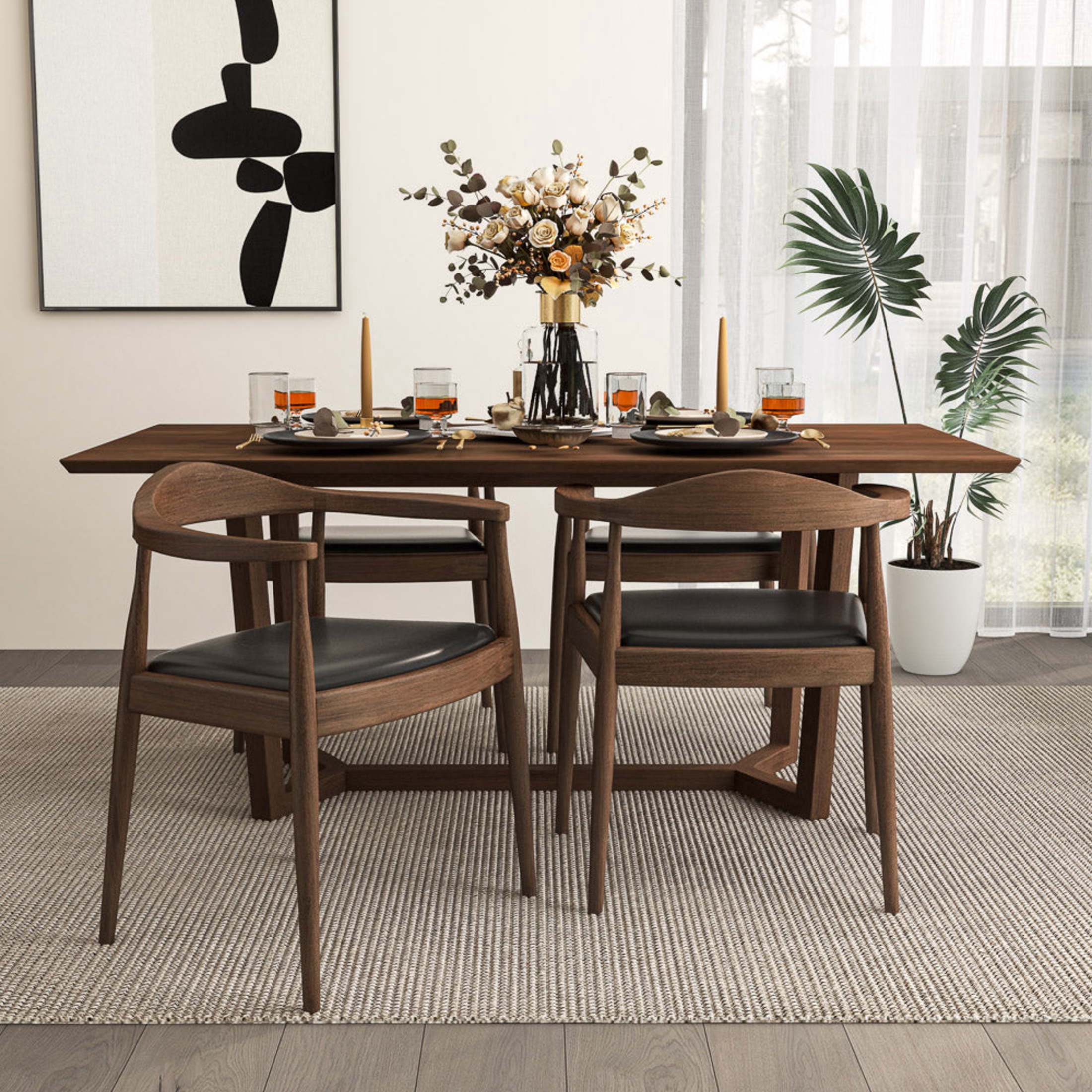 Noble House Trevor Kelly Mid-century Modern Dining Chair, Solid Wood Frame with Leather Upholstery, Black and Brown