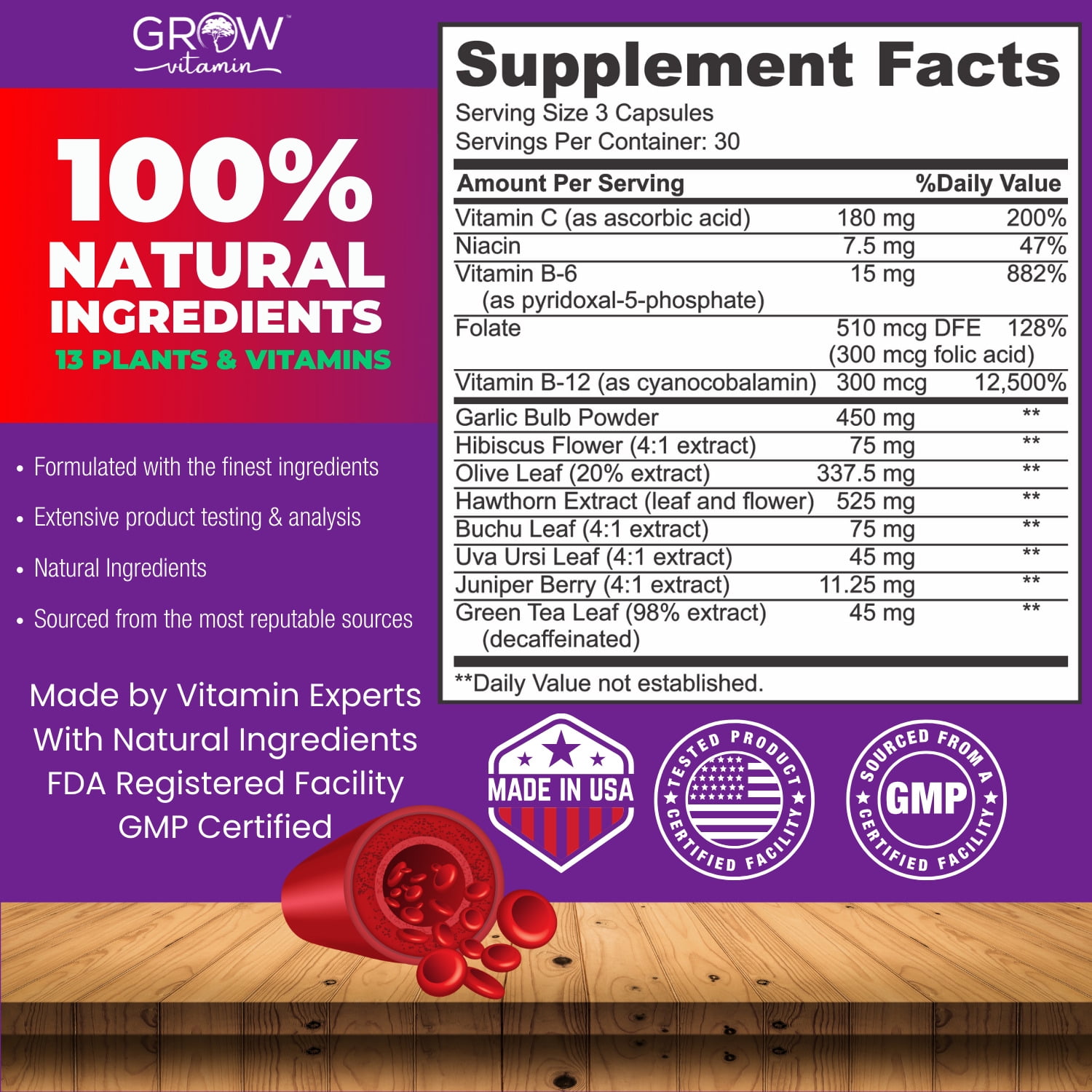 Grow Vitamin Blood Pressure Supplement for Cardiovascular Circulation and Endurance - 90 Capsules