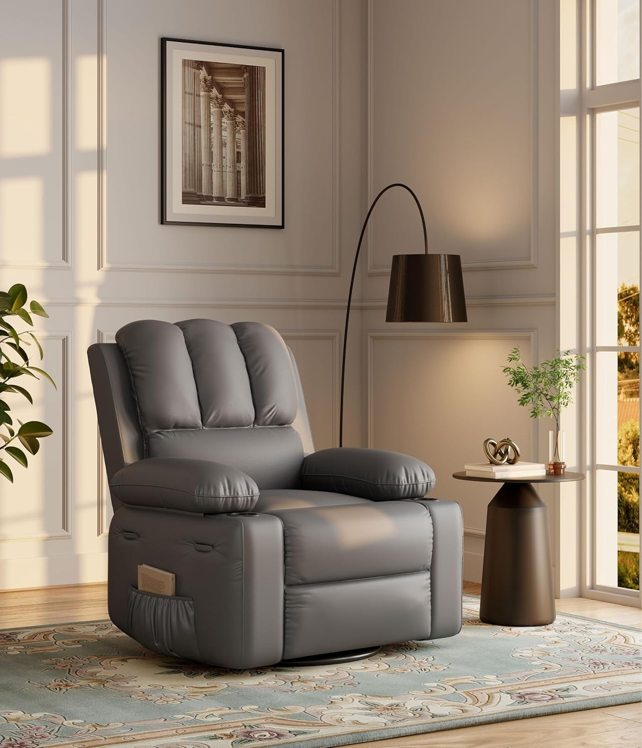 Large Leather Manual Recliner Chair with Comfortable Arms and Built-in Cup Holders, Spacious 21.2 Inch Seat Width, Perfect for Living Room Relaxation and Entertainment