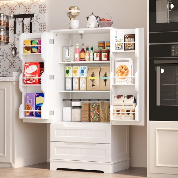 Pantry Cabinet, Asofer 47" Pantry Storage Cabinet with 2 Doors , 8 Shelves & 2 Drawers for Kitchen Dining Room - White