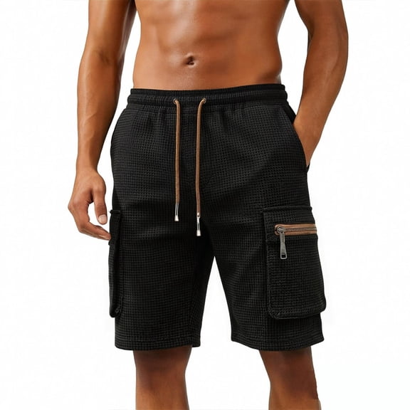 Men Summer Cargo Shorts Elastic Waist Drawstring Waffle Texture Multi Pockets with Zipper Sides Loose Fit Casual Workout Mid Length for Young Adults