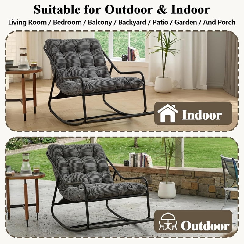 Outdoor Rocking Chair, Papasan Rocking Chair with Metal Frame, Comfy Rocker Lounge Chair for Living Room Porch Patio Garden